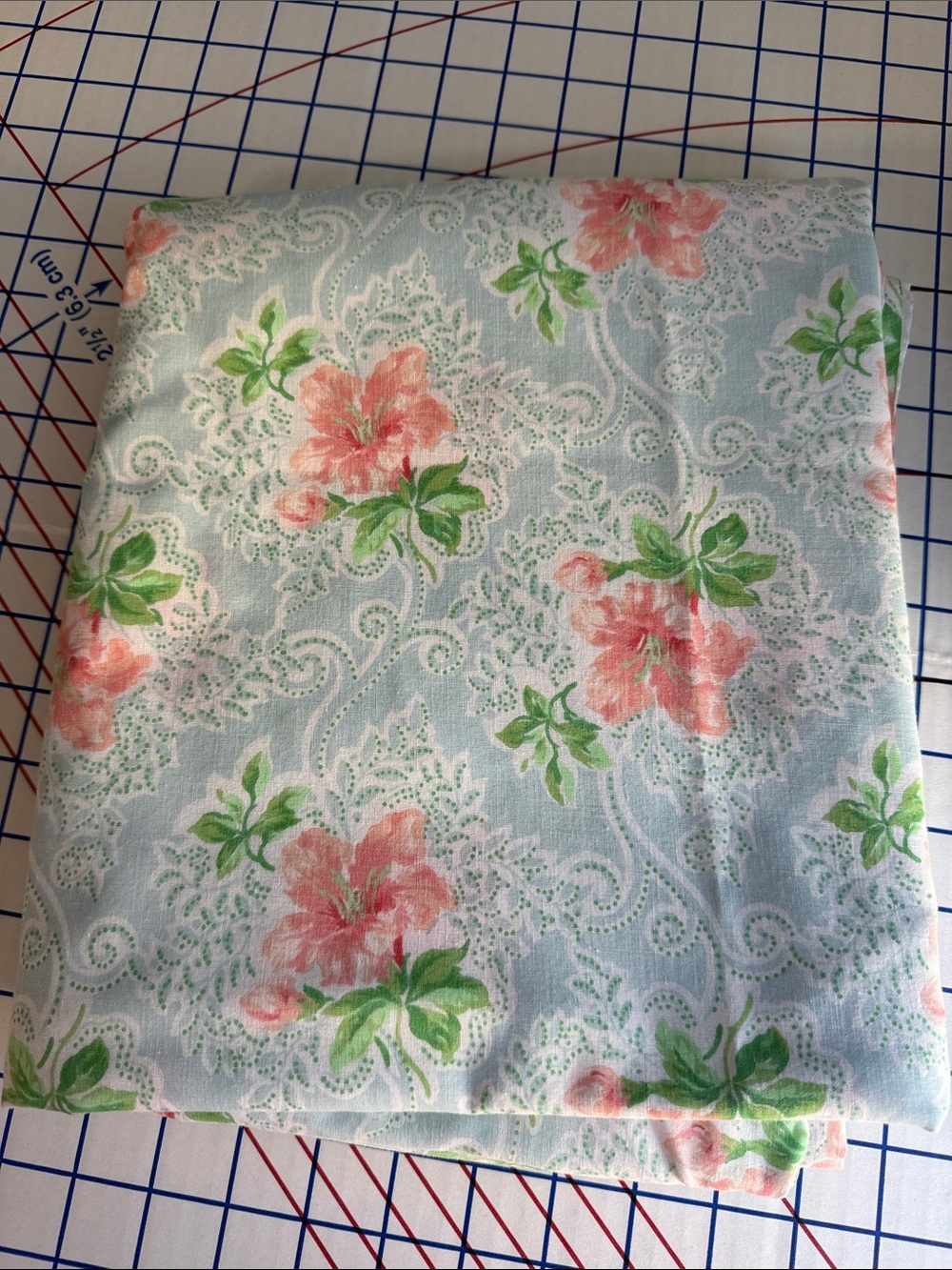 Vintage Blue Pink Floral Cotton Blend Fabric/Flat Sheet 2.5+ Yards x 72” Wide